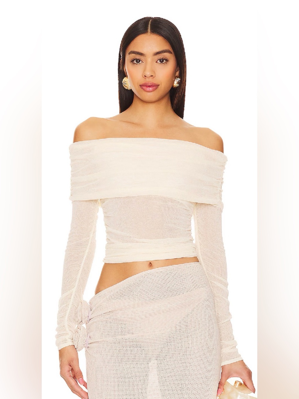 Lovers + Friends Revolve Lumin Knit Ruched Long Sleeve Off Shoulder Top XS NWT